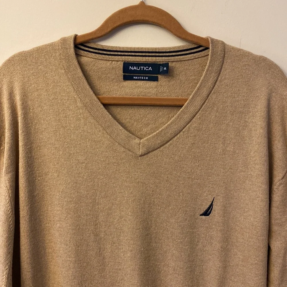 NAUTICA NAVTECH men’s Ribbed V-neck long sleeve tan sweater cotton blend XXL 🌞 - Picture 6 of 12